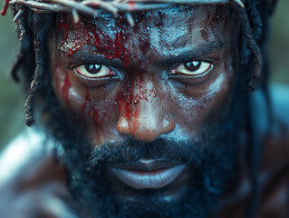 A powerful close-up of a man with a crown of thorns, embodying the suffering and sacrifice of Jesus. The water dripping from his face symbolizes the pain and emotional depth of the Easter story.