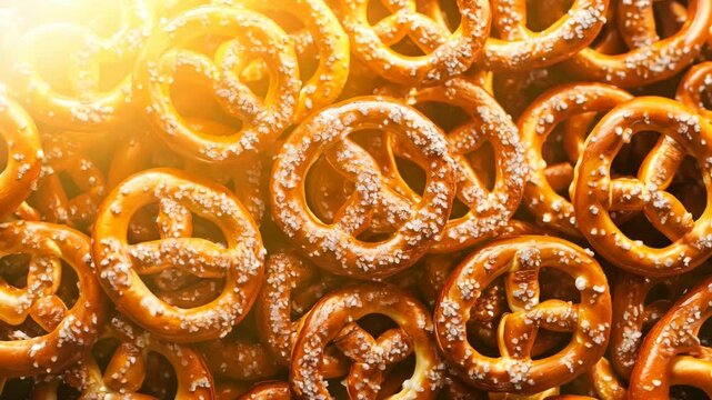 A seamless spread of various pretzels, tightly packed together to fill the entire frame with their golden, crispy texture and salted tops.