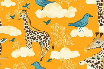 Cheerful pattern with giraffes, birds and clouds in warm yellow tones, patterns