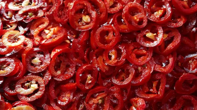 A surface densely covered with bright red pepper slices, filling every inch of the frame with their vibrant, spicy texture and glossy surface.