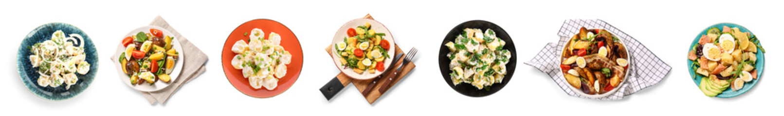 Set of tasty potato salads on white background, top view