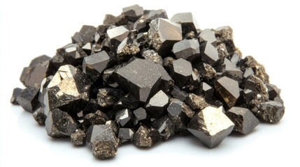 Pile of dark crystals on white background.  Possible use Education, science, geology