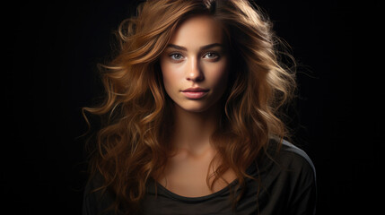 Fototapeta premium Portrait of a pretty woman with long brown hair on black background
