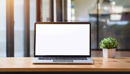 Mockup de laptop en escritorio de madera con fondo borroso