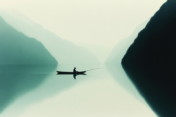 A man is in a boat on a lake, with mountains in the background