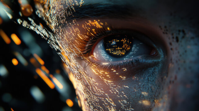 A macro close-up of a person's eye, surrounded by cascading data streams in a hyper-realistic composition