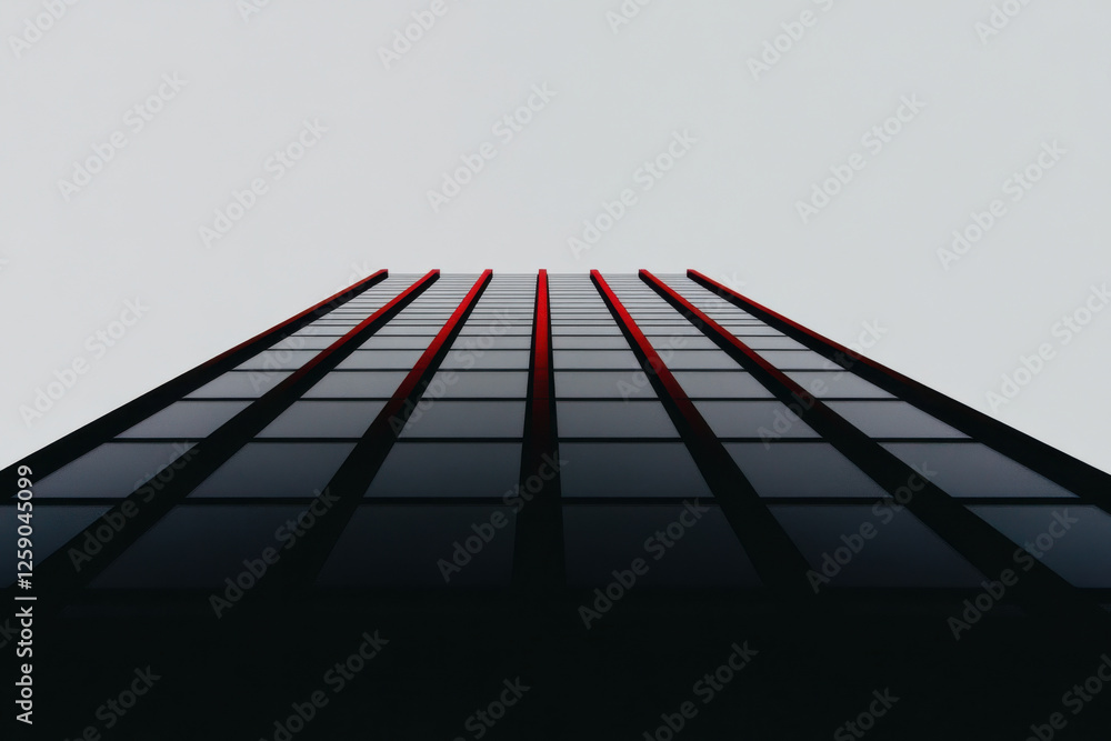 Poster a tall building with a red stripe on it