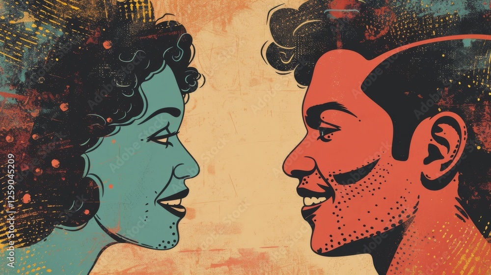 Aufkleber a bold and colorful pop art digital illustration of a smiling couple facing each other. the retro-st