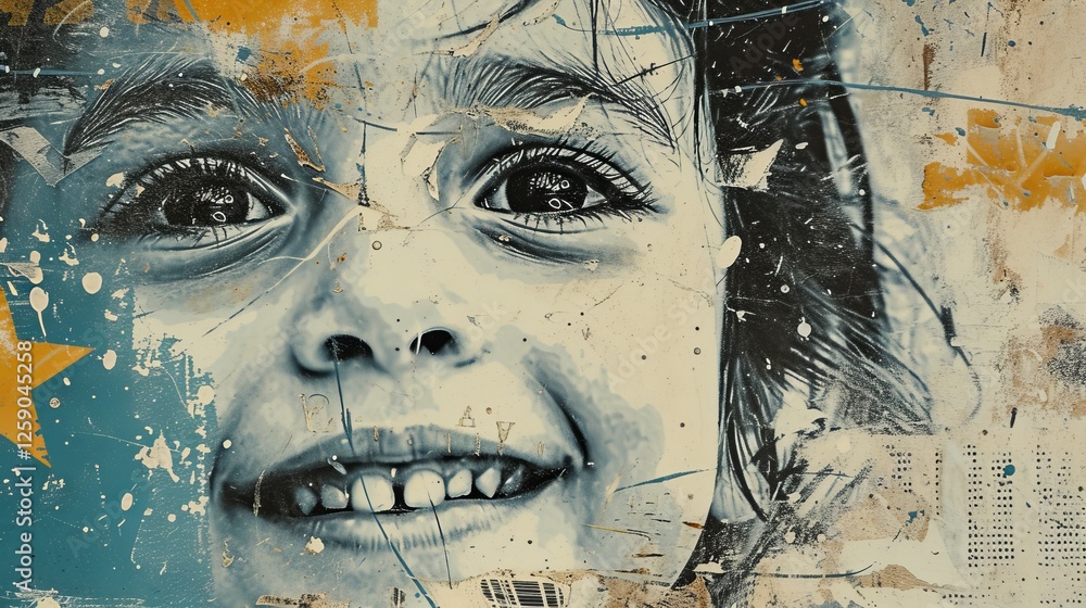 Poster abstract portrait of a smiling child with textured overlays, blending dynamic colors and patterns fo