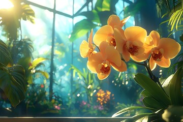 A vibrant display of orange orchids in a lush greenhouse, illuminated by soft sunlight streaming through the glass, creating a serene and tranquil atmosphere.