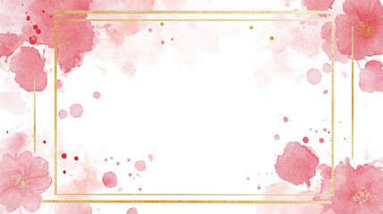 Simple gold frame with pink watercolor splashes and dots around it on white background.