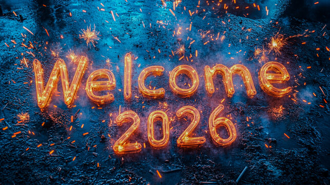 The text "Welcome 2026" is written with sparklers on a dark, wet surface, surrounded by small fireworks and sparks, creating a festive and celebratory atmosphere. - Powered by Adobe