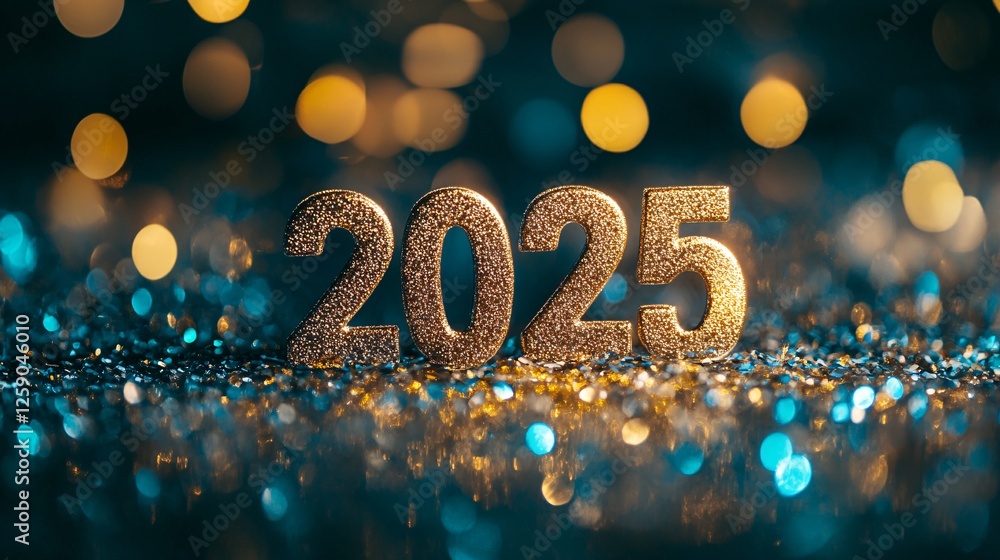 Poster golden 2025 sparkling on glittering turquoise background with bokeh