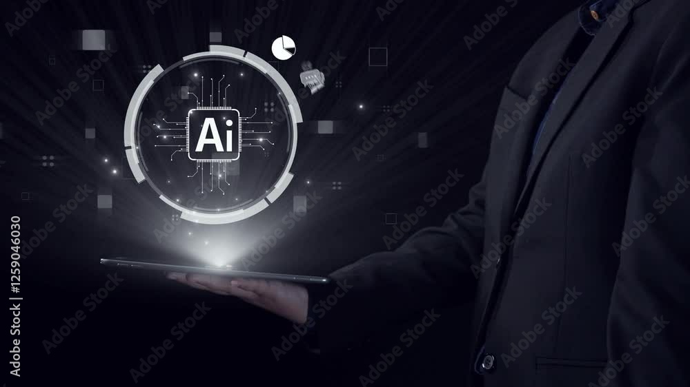 Poster human interact with ai artificial intelligence brain processor in concept of ai artificial intellige