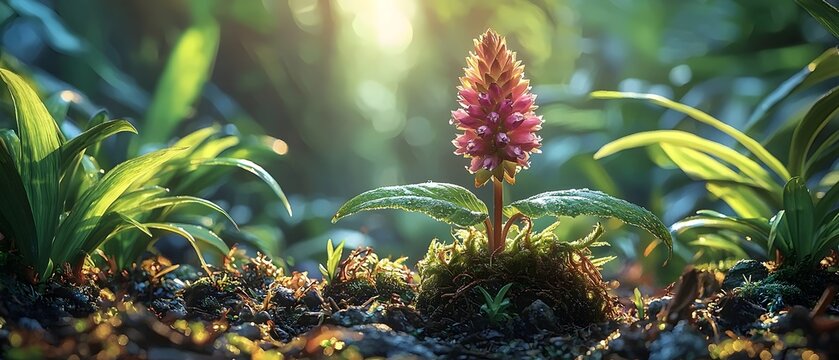 A vibrant pink flower blooms amidst lush green foliage in a serene forest setting, capturing the beauty of nature's flora with soft, warm sunlight filtering through. - Powered by Adobe