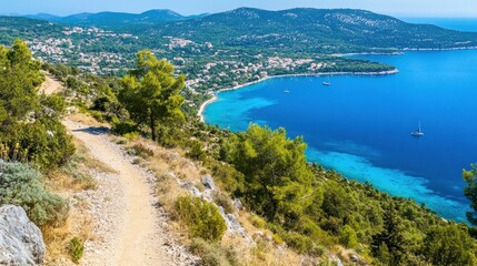 Fototapeta premium Coastal Hiking Trail Overlooking a Picturesque Mediterranean Town