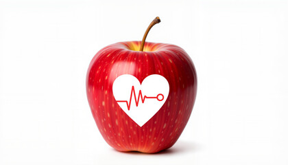 Obraz premium Red apple with heart logo on white background, symbolizing health