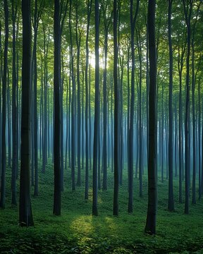 A serene forest scene with towering trees bathed in soft, dappled sunlight. The vibrant green foliage creates a tranquil atmosphere, inviting exploration and reflection.
