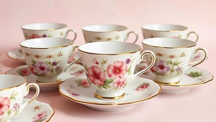 Elegant Floral Teacups and Saucers Set Vintage Tea Party Pink Flowers Porcelain Teaware