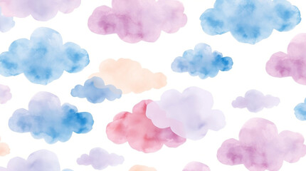 rich burgundy and deep blue hues illuminate a dreamy watercolor pattern of soft, fluffy clouds in blue, lavender, and peach
