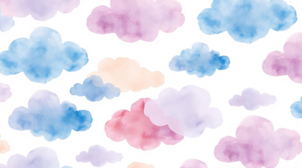 rich burgundy and deep blue hues illuminate a dreamy watercolor pattern of soft, fluffy clouds in blue, lavender, and peach