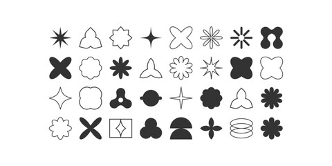 Postmodern geometric abstract shapes, Retro design symbols in Y2K. Brutalist vector shapes, trendy retro design symbols in Y2K style. Geometric shapes set.