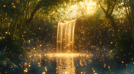 Enchanting Waterfall in a Golden Forest at Sunset