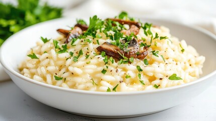 Creamy mushroom risotto in a bowl on a table