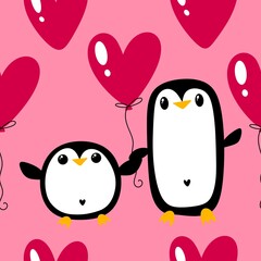 Valentines cute animals in love seamless penguin and heart pattern for 14 February wrapping paper and fabrics