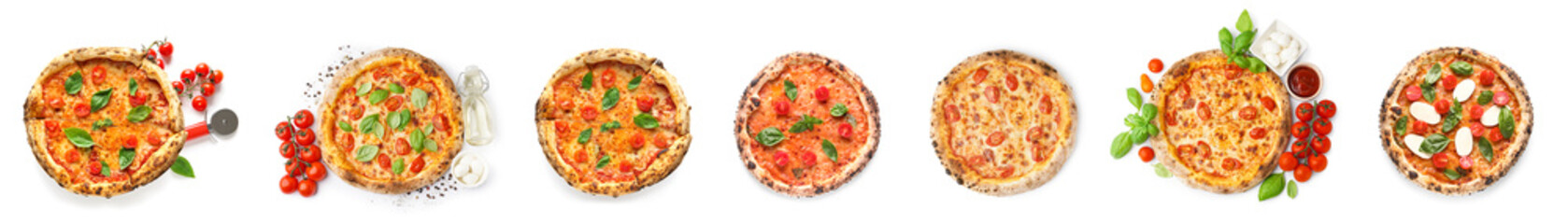 Set of tasty pizza Margarita on white background, top view