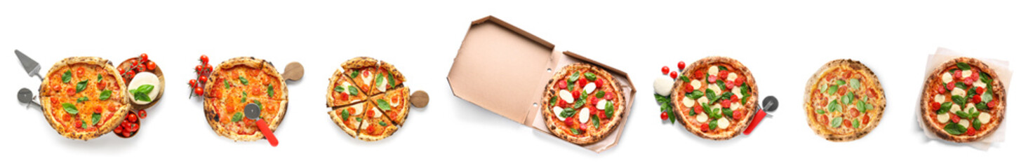 Set of tasty pizza Margarita on white background, top view