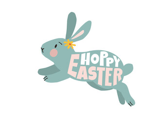 Obraz premium Happy Easter Day holiday party poster. Spring invitation. Cute funny bunny animal vector illustration. Hoppy Easter lettering text. Traditional celebration banner. Festive modern drawing typography