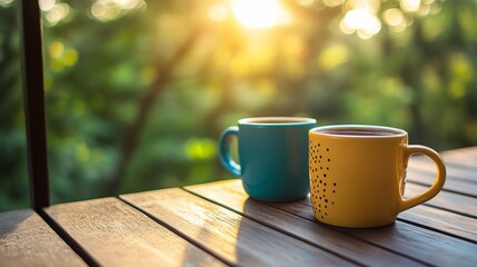 Tranquil morning coffee break: Two vibrant mugs of coffee or tea rest on a wooden balcony, bathed in warm sunlight. The setting evokes a cozy and relaxing atmosphere