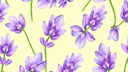 Fototapeta premium Lavender Floral Pattern Watercolor Purple Flowers on Pastel Yellow Background