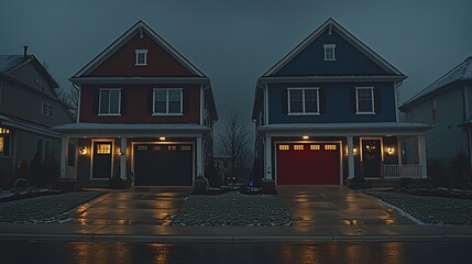 Two houses, dusk, snow, neighborhood, winter real estate