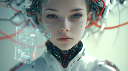  A futuristic close-up of a cyborg child, with glowing digital patterns on their face and neck. The holographic interface in front of them hints at advanced technology, blending human and machine seam