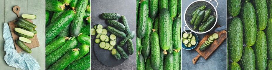 Collage of many ripe cucumbers