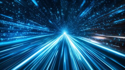 Vector Abstract, science, futuristic, energy technology concept. Digital image of light rays, stripes lines with blue light, speed and motion blur over dark blue background