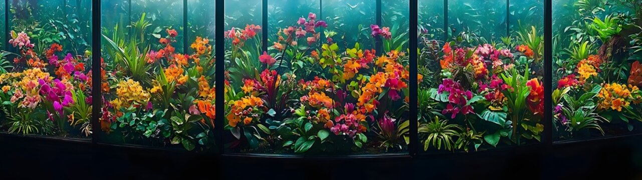 A vibrant display of multicolored orchids filling a greenhouse, showcasing a lush array of blooming flowers that create a captivating and serene atmosphere.