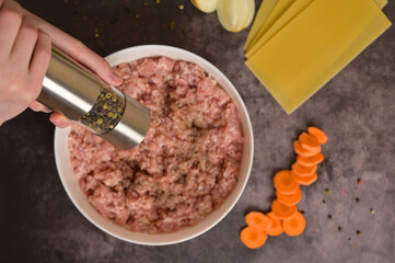 Top view raw ground minced meat in white bowl, woman's hands holding pepper mill. Lasagne pasta sheets, onion. carrot, pepper. Black background. Homemade lasagna cooking preparation