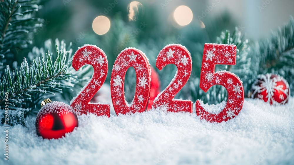 Poster red 2025 numbers with snowflakes celebrating new year in snowy scenery with christmas tree and baubl