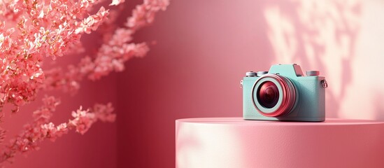 Vintage camera on a pastel pink pedestal surrounded by blooming cherry blossoms