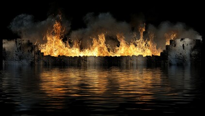 Burning city ruins reflected in water at night