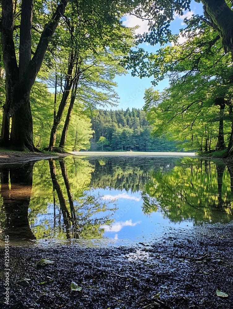 Poster serene reflection of trees and sky in a calm lake surrounded by lush green nature : generative ai