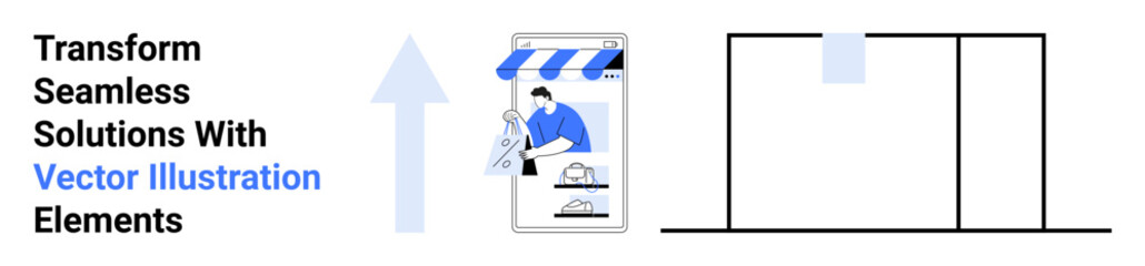 Mobile app screen with storefront canopy, shopping interface, upward arrow symbolizing growth. Ideal for e-commerce, marketing, sales, business strategy, innovation, technology flat landing page