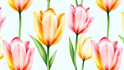 Fototapeta premium Spring Tulips Pastel Pink Yellow Floral Seamless Pattern