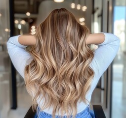 A rear view of a woman displaying her beautifully styled long wavy hair with balayage highlights.