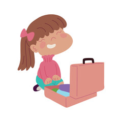 Cute girl packing pink suitcase for travel