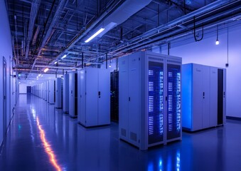 Modern server room, glowing racks, technical corridor, maintenance