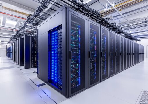 Modern server racks in a data center,  illuminated by blue lights,  with complex wiring overhead